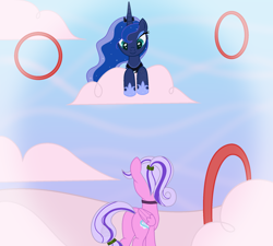 Size: 2000x1800 | Tagged: safe, artist:xnaturalblue, princess luna, oc, oc:marshmallow creme, alicorn, pegasus, pony, g4, cloud, cotton candy, cotton candy cloud, cute, dream, dream walker luna, female, food, hoop, jewelry, looking at each other, looking at someone, looking down, looking up, mare, necklace, pegasus oc, pink coat, purple mane, rear view, sky