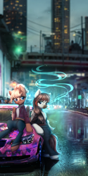 Size: 2000x3995 | Tagged: safe, artist:avrameow, oc, oc only, oc:ocelot, oc:penny banks, pegasus, pony, blonde, car, chatting, chest fluff, city, clothes, cyberpunk, denim, duo, high res, jeans, maroon, pants, pegasus oc, sitting on car, smoking, turtleneck, weeaboo, white coat