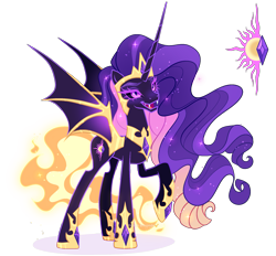 Size: 2303x2136 | Tagged: safe, artist:gihhbloonde, oc, oc only, unnamed oc, alicorn, bat pony, bat pony alicorn, pony, alicorn oc, armor, bat pony oc, bat wings, colored eyelashes, colored wings, concave belly, crown, dark sclera, ethereal mane, ethereal tail, fangs, female, fiery tail, gradient wings, helmet, high res, hoof shoes, horn, jewelry, long horn, long legs, long mane, long tail, magical lesbian spawn, mare, offspring, open mouth, parent:daybreaker, parent:nightmare rarity, peytral, pink eyes, princess shoes, raised hoof, regalia, simple background, slender, slit pupils, smiling, solo, sparkly mane, spread wings, standing, tail, tall, thin, transparent background, wing armor, wings
