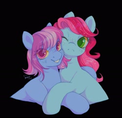 Size: 2737x2652 | Tagged: safe, artist:g4bby, earth pony, pony, black background, bust, duo, female, freckles, frown, high res, hug, looking at you, mare, one eye closed, simple background, smiling, wink