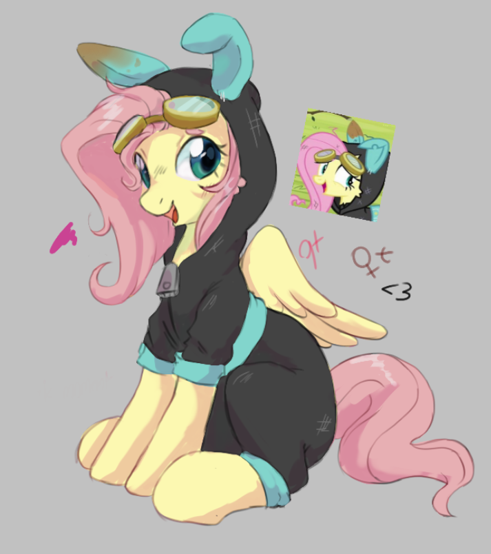 [bunny ears,clothes,costume,cute,dangerous mission outfit,fluttershy,goggles,hoodie,open mouth,pegasus,pony,safe,sitting,solo,shyabetes,smiling,artist:g4bby]