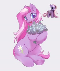 Size: 1593x1906 | Tagged: safe, artist:g4bby, daisy dreams, earth pony, pony, g4, belly button, female, flower, freckles, happy, holding, looking at you, mare, open mouth, simple background, sitting, smiling, solo, underhoof, white background