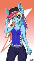 Size: 1260x2221 | Tagged: safe, artist:banquo0, rainbow dash, anthro, g4, clothes, female, gradient background, hat, one eye closed, smiling, solo, tank top, wink