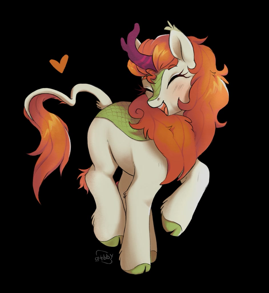 [black background,blushing,cloven hooves,cute,eyebrows,eyes closed,female,happy,heart,kirin,open mouth,safe,signature,simple background,solo,tail,unshorn fetlocks,smiling,leonine tail,eyebrows visible through hair,open smile,autumn blaze,awwtumn blaze,artist:g4bby]