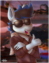 Size: 957x1230 | Tagged: safe, artist:nehmkey, oc, oc only, oc:snuggle sparkle pony, pegasus, anthro, clothes, costume, johnny cage, male, mortal kombat, solo, sunglasses