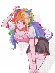 Size: 2166x2886 | Tagged: safe, artist:xinjinjumin8460028, rainbow dash, human, equestria girls, g4, bow, breasts, cat ears, clothes, female, garter belt, hair bow, high res, open mouth, simple background, skirt, solo, stockings, thigh highs, white background