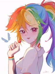 Size: 2165x2885 | Tagged: safe, artist:xinjinjumin8460028, rainbow dash, human, equestria girls, g4, blushing, clothes, female, high res, looking at you, open mouth, simple background, smiling, solo, white background