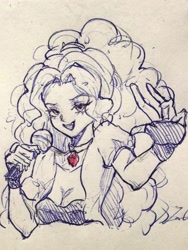 Size: 1777x2369 | Tagged: safe, artist:xinjinjumin8460028, adagio dazzle, human, equestria girls, g4, bust, clothes, female, hand, jacket, jewelry, microphone, necklace, open mouth, photo, sketch, smiling, solo, traditional art