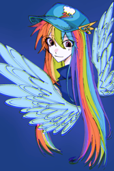 Size: 1080x1614 | Tagged: safe, artist:nishiwodeweiyi118, rainbow dash, human, equestria girls, g4, blue background, clothes, female, hat, looking back, simple background, smiling, solo, spread wings, wings