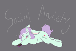 Size: 2048x1365 | Tagged: safe, artist:mscolorsplash, oc, oc only, oc:mod chi, pony, unicorn, ..., cellphone, depressed, female, gray background, lying down, mare, phone, prone, sad, simple background, smartphone, solo, sploot