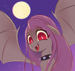 Size: 1000x952 | Tagged: safe, artist:inkypuso, fluttershy, bat pony, pony, g4, bat wings, bite mark, bust, chest fluff, choker, cute, ear fluff, fangs, female, floppy ears, flutterbat, full moon, looking at you, mare, mare in the moon, moon, night, open mouth, open smile, race swap, shyabates, shyabetes, smiling, smiling at you, solo, spiked choker, spread wings, wings