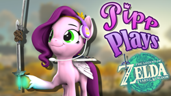 Size: 1920x1080 | Tagged: safe, artist:pika-robo, pipp petals, pegasus, pony, series:pipp plays, g4, g5, 3d, fake thumbnail, female, folded wings, fused, g5 to g4, gamer pipp, gaming headset, generation leap, headset, let's play, mare, rope, shield, source filmmaker, sword, the legend of zelda, the legend of zelda: tears of the kingdom, video game, weapon, wings, youtube thumbnail