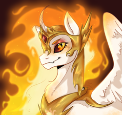 Size: 1907x1797 | Tagged: safe, artist:bennythebunny95, daybreaker, alicorn, pony, g4, black sclera, bust, curved horn, female, horn, looking at you, mane of fire, mare, slit pupils, smiling, solo