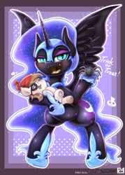 Size: 2162x3017 | Tagged: safe, artist:phoenixrk49, nightmare moon, pipsqueak, alicorn, earth pony, pony, spider, g4, clothes, colt, costume, duo, duo male and female, female, foal, halloween, high res, holding, holding a pony, holiday, male, mare, nightmare night, nightmare night costume, open mouth, open smile, pirate costume, signature, smiling, trick or treat