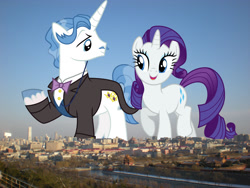 Size: 1600x1200 | Tagged: safe, anonymous editor, artist:dashiesparkle, edit, fancypants, rarity, pony, unicorn, g4, beijing, bowtie, china, duo, facial hair, female, giant pony, giantess, highrise ponies, irl, macro, male, mare, monocle, moustache, photo, ponies in real life, stallion, story included, unshorn fetlocks