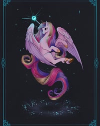 Size: 3076x3846 | Tagged: safe, artist:fridagloria, princess cadance, alicorn, pony, g4, female, flying, frame, glowing, glowing horn, high res, hoof shoes, horn, jewelry, magic, mare, missing accessory, regalia, solo, stars