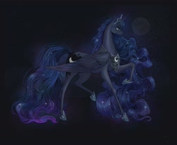 Size: 3963x3256 | Tagged: safe, artist:fridagloria, princess luna, alicorn, pony, g4, female, full moon, high res, hoof shoes, jewelry, large wings, mare, moon, peytral, regalia, solo, stars, thin legs, wings