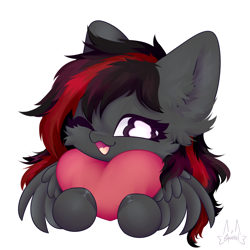 Size: 2048x2048 | Tagged: safe, artist:persikulka, oc, oc:se solar eclipse, pegasus, pony, cheek fluff, cute, ear fluff, fluffy, happy, heart, high res, holding, in love, one eye closed, open mouth, pegasus oc, pony oc, puppy dog eyes, simple background, solo, spread wings, sticker, white background, wings