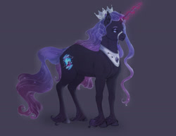 Size: 2048x1583 | Tagged: safe, artist:sawolhost, oc, oc only, oc:serenade nebula, pony, unicorn, bio in description, crown, ethereal mane, female, gray background, hybrid oc, jewelry, magic, mare, peytral, regalia, simple background, solo, starry mane, unshorn fetlocks