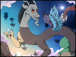 Size: 1280x960 | Tagged: safe, artist:binibean, discord, draconequus, g4, my little pony: friendship is magic, the return of harmony, chaos, discorded landscape, floating island, full moon, looking at you, male, moon, solo, sun