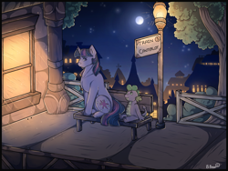 Size: 1280x960 | Tagged: safe, artist:binibean, spike, twilight sparkle, dragon, pony, unicorn, g4, bench, duo, duo male and female, female, lamppost, looking at each other, looking at someone, male, mare, night, sitting, train station, unicorn twilight