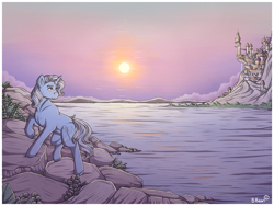 Size: 1280x960 | Tagged: safe, artist:binibean, trixie, pony, unicorn, g4, canterlot, female, lake, looking back, mare, signature, solo, sun, sunset, water