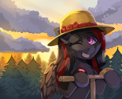 Size: 2602x2100 | Tagged: safe, artist:freak-side, oc, oc only, oc:se solar eclipse, pegasus, pony, beautiful, bow, chest fluff, cloud, complex background, cute, ear fluff, female, fluffy, folded wings, forest, forest background, hat, high res, nature, one eye closed, pegasus oc, pony oc, scooter, solo, spruce tree, sun hat, sunset, tree, watch, wings, wristwatch