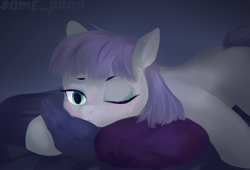 Size: 2769x1879 | Tagged: safe, artist:some_ponu, maud pie, earth pony, pony, g4, crying, depressed, female, gray background, hug, lying down, mare, missing cutie mark, one eye closed, pillow, pillow hug, prone, sad, simple background, solo, teary eyes