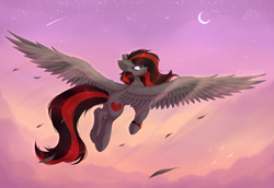 Size: 3200x2200 | Tagged: safe, artist:kripta-00, oc, oc only, oc:se solar eclipse, bird, pegasus, pony, chest fluff, crescent moon, determined, determined look, ear fluff, feather, female, fluffy, flying, high res, leg fluff, mare, moon, night, night sky, pegasus oc, pony oc, shooting star, simple background, sky, sky background, smiling, solo, spread wings, stars, watch, wing fluff, wings, wristwatch