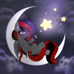 Size: 2000x2000 | Tagged: safe, artist:anthrax, oc, oc only, oc:se solar eclipse, pegasus, pony, cloud, cloudy, complex background, crescent moon, cute, ear fluff, eye clipping through hair, eyelashes, female, female oc, folded wings, happy, high res, lying down, mare, moon, night, night sky, on back, pegasus oc, pony oc, reaching, sky, smiling, solo, starry eyes, stars, tangible heavenly object, watch, wingding eyes, wings, wristwatch