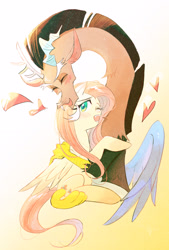 Size: 2480x3679 | Tagged: safe, artist:sadistjolt, part of a set, discord, fluttershy, draconequus, pegasus, pony, g4, to where and back again, blushing, female, heart, high res, hug, male, mare, ship:discoshy, shipping, straight