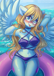 Size: 3508x4961 | Tagged: safe, artist:chaosangeldesu, oc, oc only, oc:lusty symphony, pegasus, anthro, bikini, blushing, clothes, commission, legs together, looking at you, ocean, smiling, smiling at you, solo, swimsuit, tongue out, water, ych result