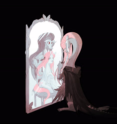 Size: 2717x2896 | Tagged: safe, artist:sadistjolt, discord, fluttershy, draconequus, pegasus, pony, g4, g5, spoiler:g5comic, black background, broken horn, brushing, cloak, clothes, comb, crying, female, high res, horn, immortality blues, implied death, implied discoshy, implied shipping, implied straight, male, memories, mirror, old man discord, reflection, sad, simple background, sitting, solo