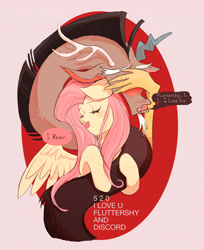 Size: 1884x2304 | Tagged: safe, artist:sadistjolt, discord, fluttershy, draconequus, pegasus, pony, g4, blushing, confession, covering eyes, dialogue, embarrassed, female, hug, i love you, male, mare, ship:discoshy, shipping, straight