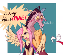 Size: 2126x1863 | Tagged: safe, artist:sadistjolt, discord, fluttershy, draconequus, pegasus, pony, g4, abstract background, blushing, censored, censored vulgarity, clothes, dialogue, dress, ear piercing, earring, female, fluttergoth, hug, jewelry, male, mine!, piercing, possessive, ship:discoshy, shipping, spread wings, straight, winghug, wings