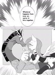Size: 1772x2395 | Tagged: safe, artist:sadistjolt, discord, fluttershy, draconequus, pony, g4, clothes, crossover, dress, female, jewelry, male, mare, monochrome, necktie, ponified, ring, screentone, ship:discoshy, shipping, spy x family, straight, suit