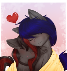 Size: 3300x3500 | Tagged: safe, artist:rafi, oc, oc only, oc:mb midnight breeze, oc:se solar eclipse, pegasus, pony, blanket, blanket burrito, choker, detailed, detailed hair, duo, duo male and female, ears back, eyes closed, female, floating heart, heart, heart background, high res, in love, leaning, male, mare, nuzzling, oc x oc, pegasus oc, pony oc, shipping, simple background, sleeping, smiling, snuggling, stallion