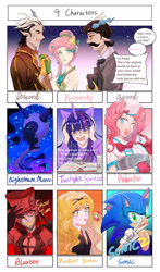 Size: 2258x3851 | Tagged: safe, artist:sadistjolt, accord, discord, fluttershy, nightmare moon, pinkie pie, twilight sparkle, alicorn, deer, demon, hedgehog, human, undead, unicorn, wendigo, anthro, g4, alastor, book, bowtie, candy, candy cane, chef's hat, clothes, dark skin, deer demon, dialogue, dress, eared humanization, ethereal mane, facial hair, female, flower, flower in hair, food, gala dress, glasses, hair accessory, hat, hazbin hotel, hellaverse, helmet, high res, holding hands, horn, horned humanization, humanized, kusukusu, male, mashiro rima, moustache, overlord demon, peace sign, sharp teeth, ship:discoshy, shipping, shugo chara, sinner demon, sonic the hedgehog, sonic the hedgehog (series), starry mane, straight, studying, suit, teeth, that's entertainment, top hat, winged humanization, wings
