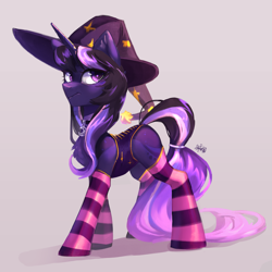 Size: 3531x3531 | Tagged: safe, artist:charlot, oc, oc only, pony, unicorn, clothes, costume, halloween, halloween costume, hat, high res, holiday, horn, jewelry, necklace, socks, solo, stockings, striped socks, thigh highs, unicorn oc, witch, witch costume, witch hat