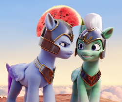 Size: 2138x1800 | Tagged: safe, edit, edited screencap, screencap, thunder flap, zoom zephyrwing, pegasus, pony, g5, my little pony: a new generation, armor, duo, duo male and female, female, food, frown, guardsmare, helmet, looking at each other, looking at someone, male, mare, pegasus royal guard, royal guard, smiling, stallion, watermelon, zoom is not amused