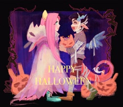 Size: 2924x2545 | Tagged: safe, artist:sadistjolt, discord, fluttershy, human, g4, clothes, costume, female, ghost costume, halloween, halloween costume, high res, holiday, horn, horned humanization, humanized, jack-o-lantern, male, pumpkin, ship:discoshy, shipping, straight, tail, tailed humanization, winged humanization, wings, young discord
