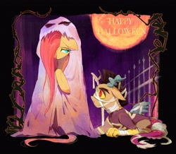 Size: 2924x2545 | Tagged: safe, artist:sadistjolt, discord, fluttershy, draconequus, pegasus, pony, g4, bandage, clothes, costume, female, filly, filly fluttershy, full moon, ghost costume, halloween, halloween costume, high res, holiday, male, mare, moon, ship:discoshy, shipping, straight, young discord, young fluttershy, younger, younger fluttershy