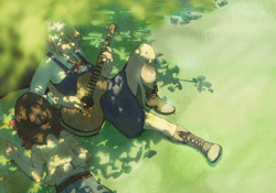 Size: 2388x1668 | Tagged: safe, artist:正岡正明, apple bloom, applejack, human, g4, apple sisters, belt, boots, clothes, guitar, hat over eyes, humanized, lying down, musical instrument, outdoors, shoes, siblings, sisters, skirt, sleeping, tree