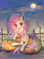 Size: 3215x4362 | Tagged: safe, artist:jelly-candy, fluttershy, bat, bat pony, pony, g4, basket, bat ears, bat ponified, bat wings, candy, chest fluff, cute, ear fluff, eyebrows, fangs, female, flutterbat, food, full moon, halloween, high res, holiday, hoof fluff, jack-o-lantern, looking at you, mare, moon, open mouth, outdoors, pumpkin, race swap, shyabates, shyabetes, signature, solo, spread wings, wings