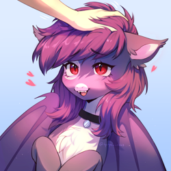 Size: 2667x2667 | Tagged: safe, artist:tyutya, oc, oc:pestyskillengton, bat pony, human, pony, chest fluff, collar, cute, fangs, hand, head pat, heart, high res, pat, simple background, solo