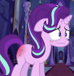 Size: 413x421 | Tagged: safe, edit, edited screencap, screencap, starlight glimmer, pony, unicorn, g4, abuse, blushing, crying, embarrassed, floppy ears, indoors, reddened butt, solo, spank mark, spanked, twilight's castle