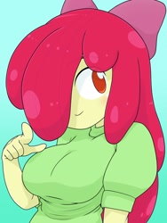 Size: 1536x2048 | Tagged: safe, artist:batipin, apple bloom, human, equestria girls, g4, breasts, busty apple bloom, female, hair over one eye, looking at you, no nose, smiling, smiling at you, solo