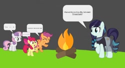 Size: 1080x588 | Tagged: safe, artist:hako33, edit, apple bloom, coloratura, scootaloo, sweetie belle, earth pony, pegasus, pony, unicorn, g4, campfire, cutie mark crusaders, female, illegible, unreadable text