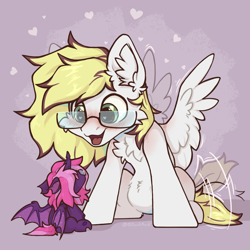 Size: 2048x2048 | Tagged: safe, artist:dorkmark, oc, oc only, oc:ludwig von leeb, oc:sithilis, bat pony, changedling, changeling, hybrid, pegasus, pony, chest fluff, glasses, happy, heart, high res, oc x oc, plushie, shipping, solo, tail, tail wag, wings