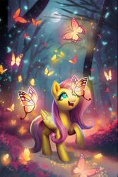 Size: 1800x2700 | Tagged: safe, artist:allegrenix, fluttershy, butterfly, pegasus, pony, g4, bioluminescent, cute, female, folded wings, forest, full moon, happy, looking at something, looking up, mare, moon, night, open mouth, open smile, outdoors, raised hoof, shyabetes, smiling, solo, tree, wings